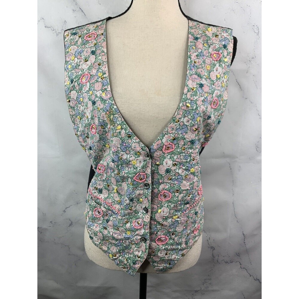 Vintage 90s Cottagecore vest M Floral Beaded Art Wear Cottage Fairy
